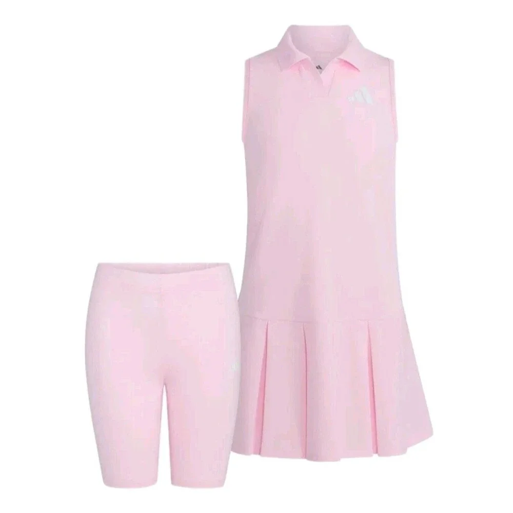 adidas Youth 3-stripe Polo Dress + Bike Shorts 2-pc Set Pink Size L (14) NWT